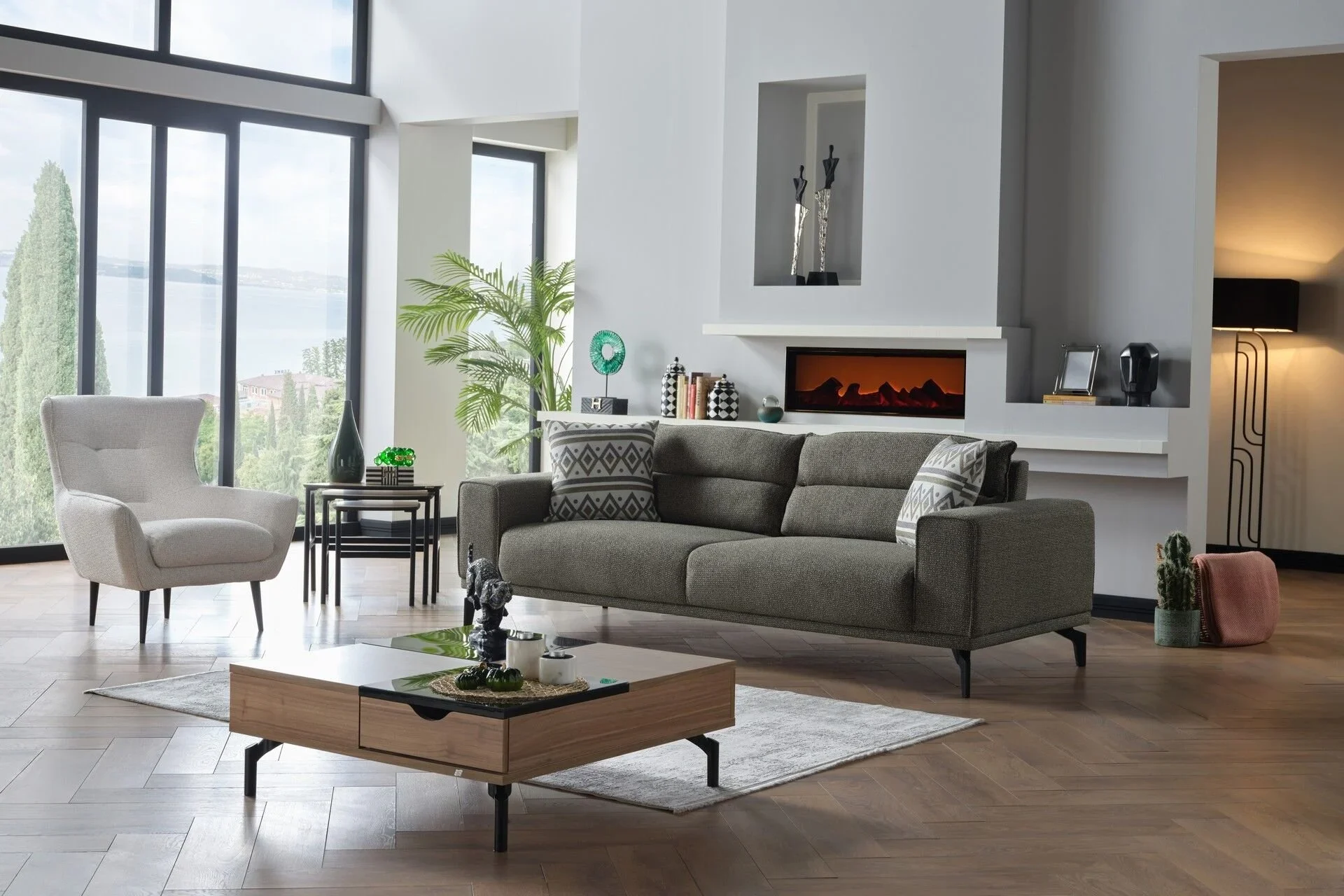 ALYA Sofa Set – Green & Beige with Black Legs (2)