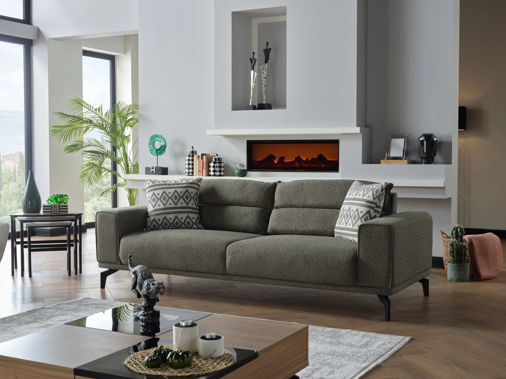 ALYA Sofa Set – Green & Beige with Black Legs (3)