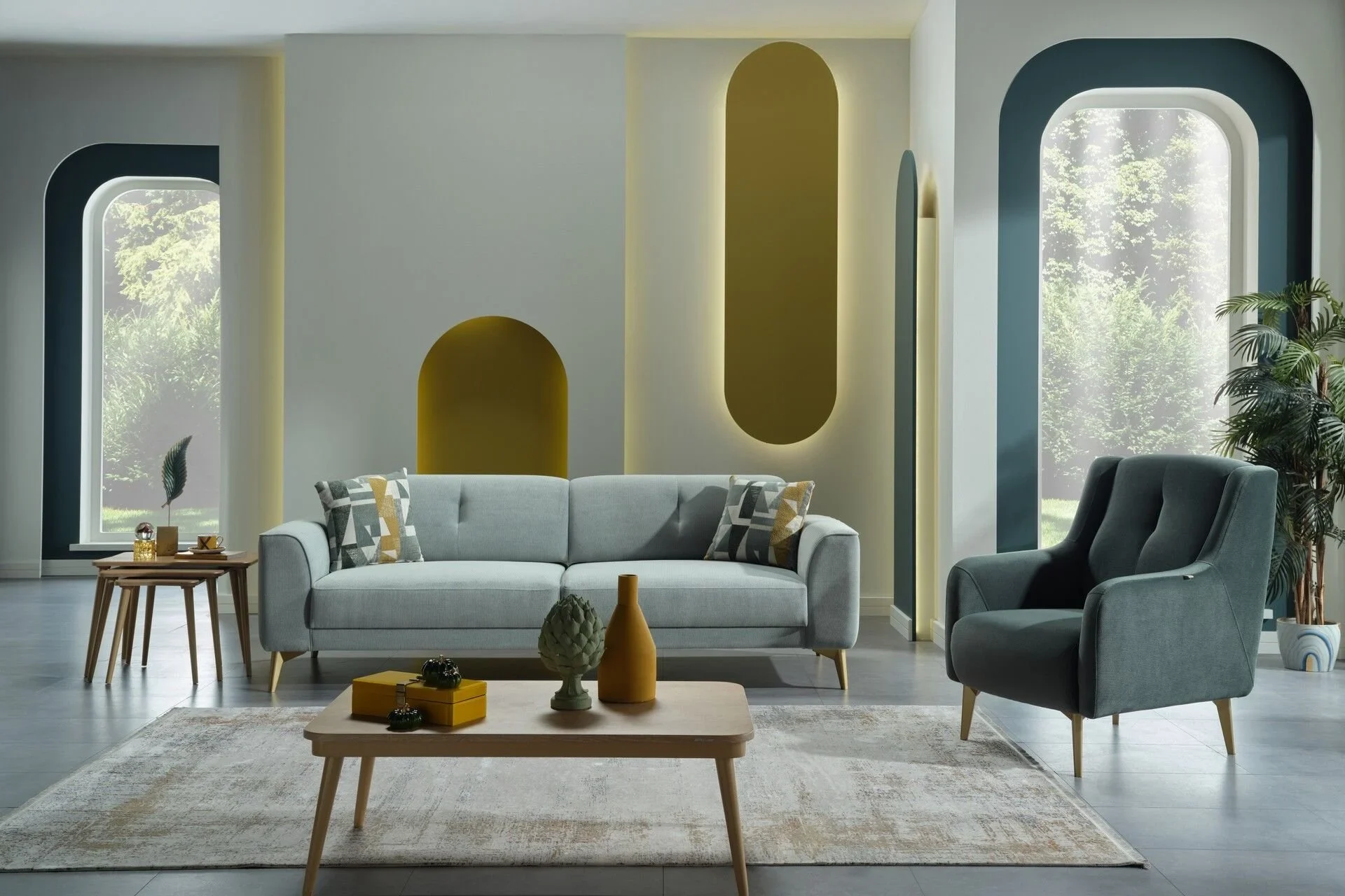 LAVITA Sofa Set - Green with Gold Legs (5)